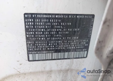 2022 Volkswagen Tiguan 2.0T S z USA, uszkodzony, nr VIN 3VV0B7AX2NM097402